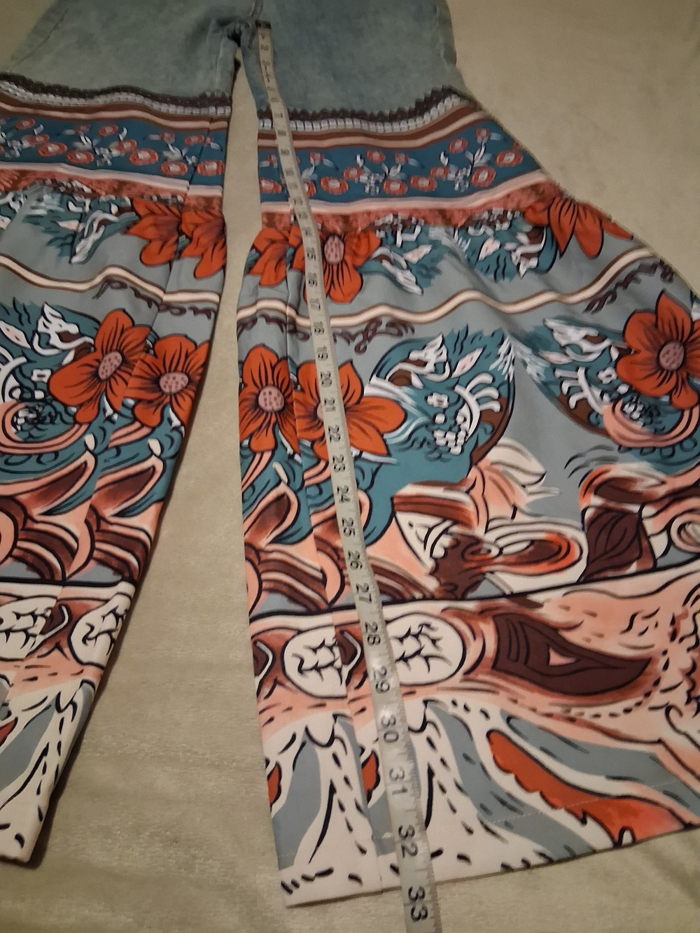 Womens Jeans Pants Blue Vintage Floral Printed Bottoms with Pockets High-Waisted - Picture 6 of 10